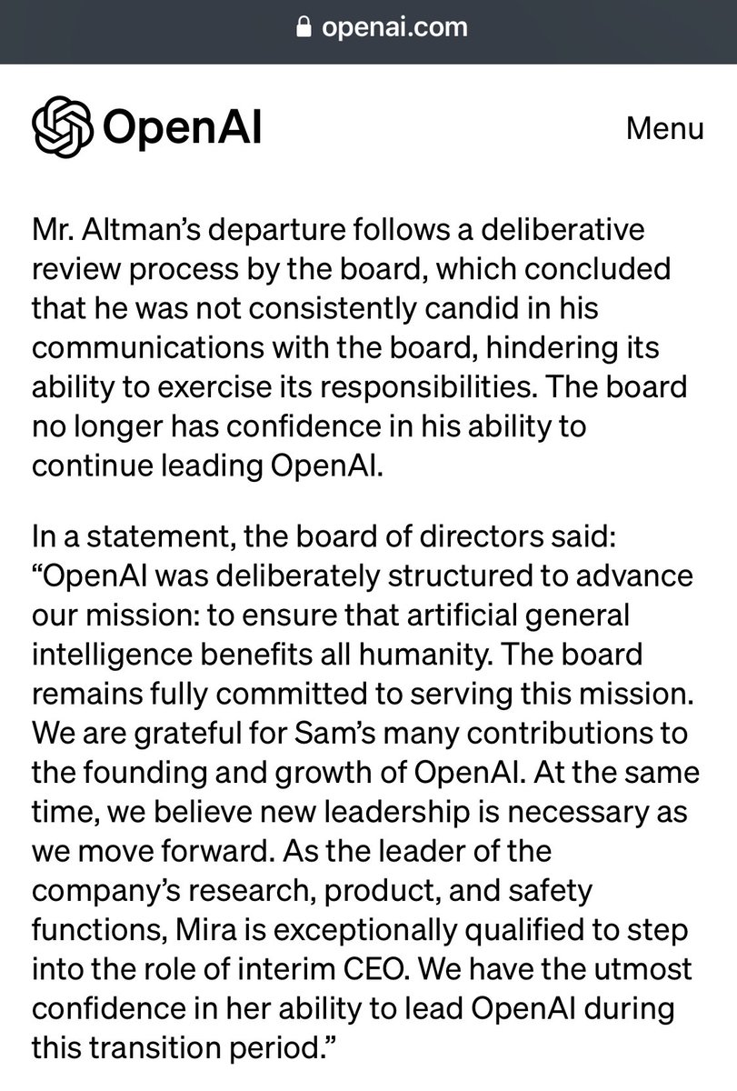 There’s a lot unsaid in this announcement of Sam Altman’s departure from OpenAI, but what is said is unusually scathing for corporate speak:

openai.com/blog/openai-an…