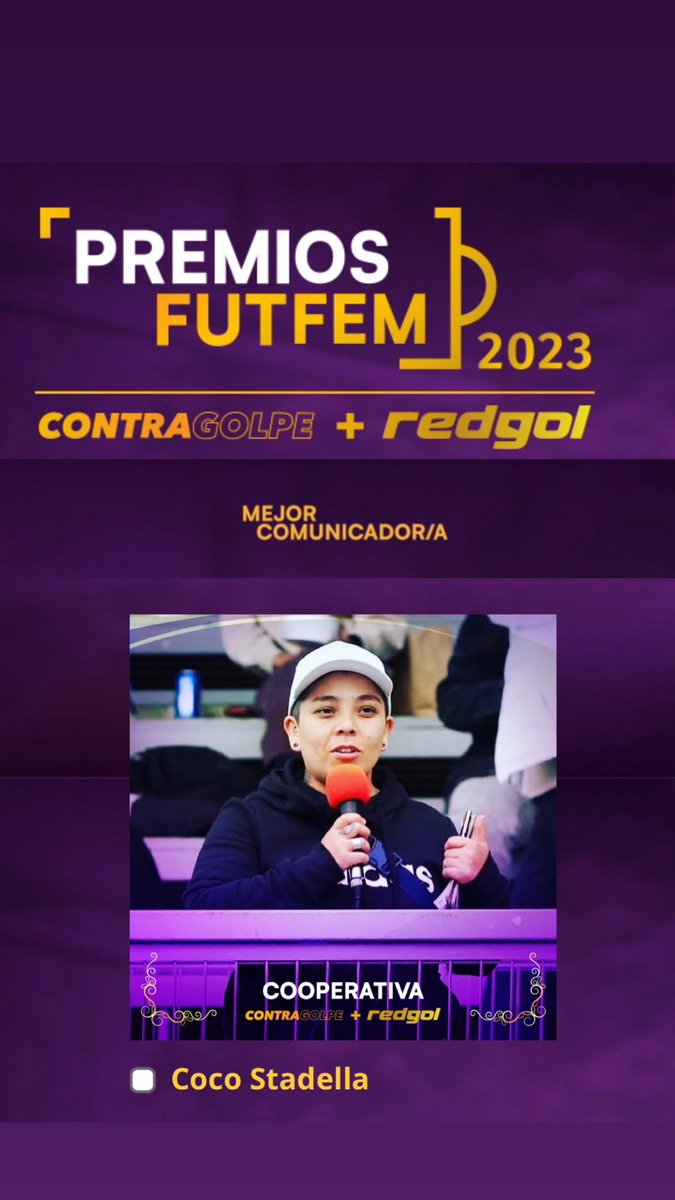 Me nominaron como #MejorComunicadora en los #premiosfutfem 2023 representando a <a href="/Cooperativa/">Cooperativa</a> Muy feliz y agradecida por el reconocimiento. Ya solo estar es un triunfo para mi. Pueden votar por sus favoritas acá en el link contragolpe.cl/premios-futfem… Gracias <a href="/contragolpeCL/">Contragolpe</a> y <a href="/redgol/">RedGol</a>