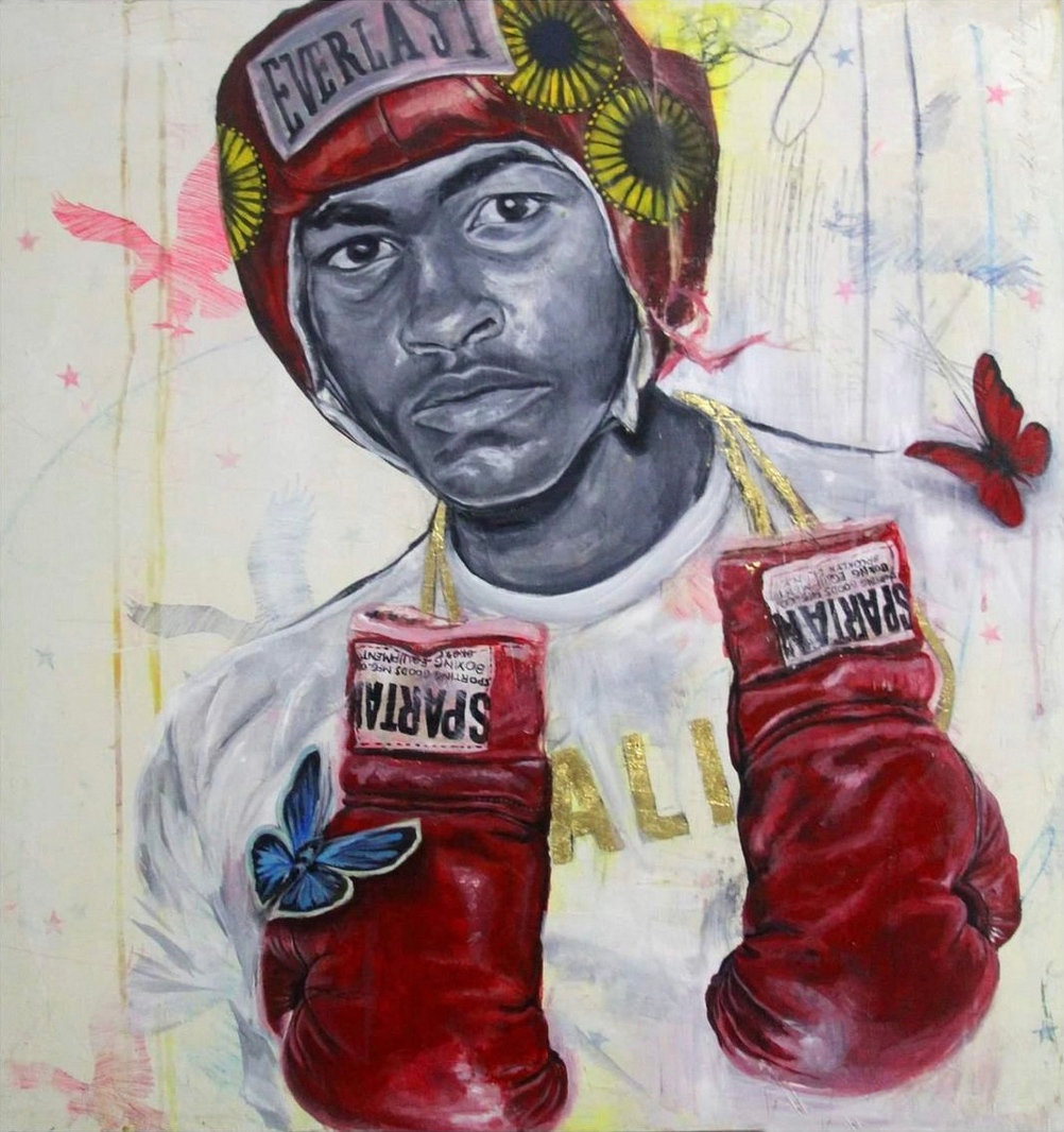 Gregory Saint Amand's figurative paintings blend Haitian culture, childhood superhero memories, and rich historical narratives, showcasing a dedicated use of colors, textures, and overlay techniques. ⁠ Butterfly Rumble, Gregory Saint Amand, 2020 | D. Colabella Fine Art Gallery