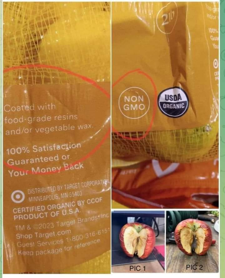 Be aware. 

'For those of you following along...

'This is what your 'organic' produce is going to say when it has been coated with apeel
'Coated with food-grade resins and/or vegetable wax.' 

Don't rely on a sticker that says apeel which may or may not be applied to the fruit