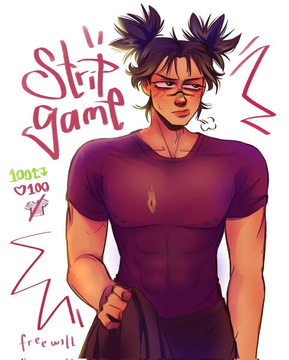 tiene vergüenza, pobrecito 
     igual saquenle la remera manchada (!!!) 

(. . .) #stripgame #呪術廻戦 #Choso