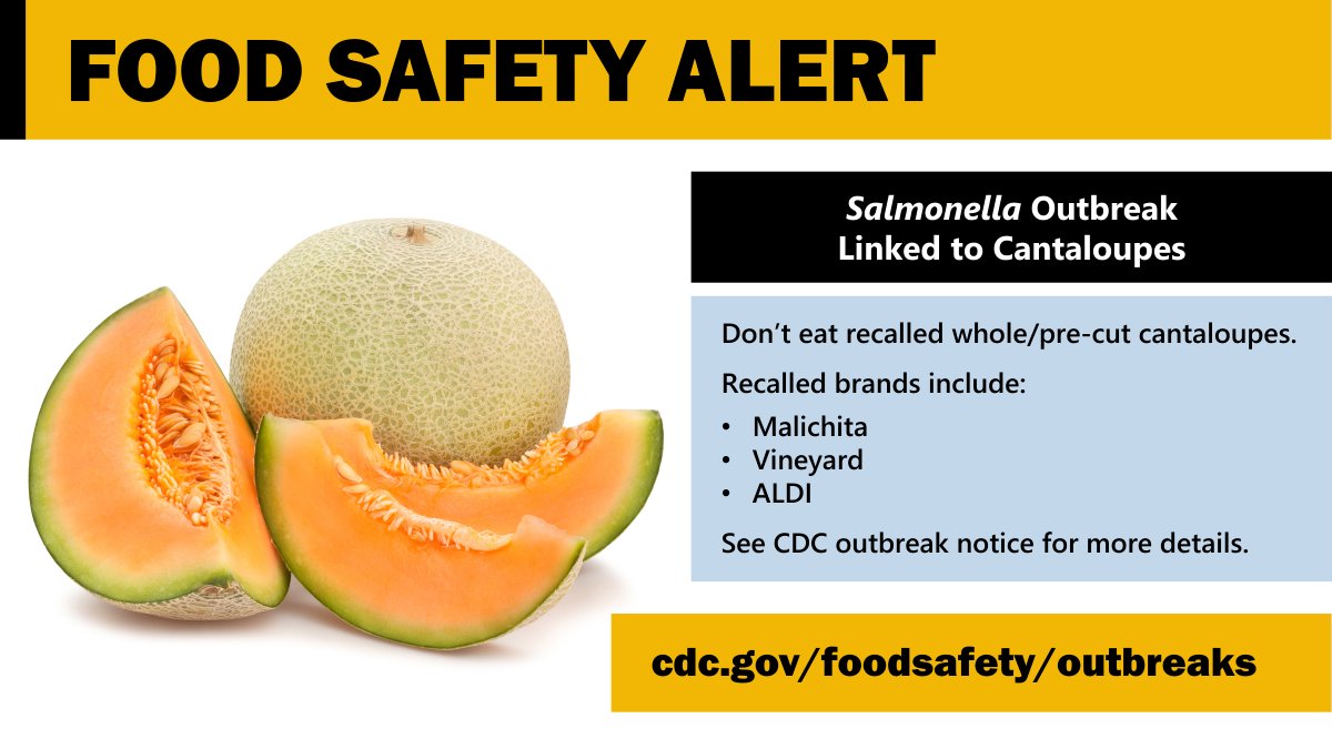NEW SALMONELLA OUTBREAK: 43 people sick in 15 states. Several brands of whole and pre-cut cantaloupe are recalled. Check for recalled products. Throw them away or return them: bit.ly/3R3jswt