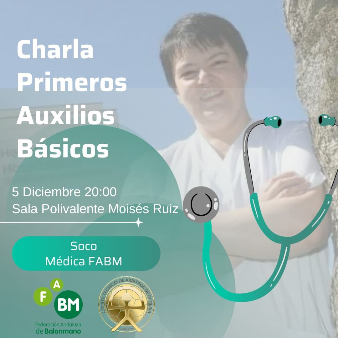 El próximo martes 5 de Diciembre, el Comité técnico de árbitros de Almería, a través de su formador Jose David Sánchez ha podido contactar con Dña. Socorro Rios que impartirá una charla de Primeros Auxilios Básicos a las 20:00h en el Pabellón Moises Ruiz‼️‼️
