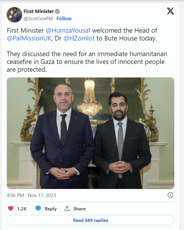 AgentP22's tweet photo. Humza is meeting with the guy who refused to call Hamas terrorists, refused to condemn the October 7th attacks and even claimed that no civilians were killed in the attacks. (1/2) https://t.co/zmrSryMHmF