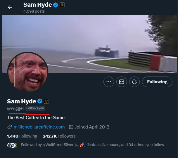 SilverDegenClub's tweet photo. I am extremely honored and overjoyed about Sam Hyde (@wigger) following SDC on Twitter. 

This is a great day for the Silver Meme Community. 

Max Love for you Sam and you team xoxoxo

Stay Degen

Buy https://t.co/8gsMHp5zq5 

#Silversqueeze #Fishtanklive #milliondollarcaffeine https://t.co/8FvFcUHVhW