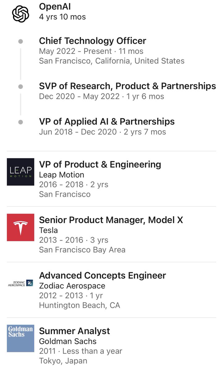 From a summer analyst at Goldman Sachs to CEO of most powerful tech company in 12 years

Mira Murati has to have one of the greatest career arcs in history

#samalt