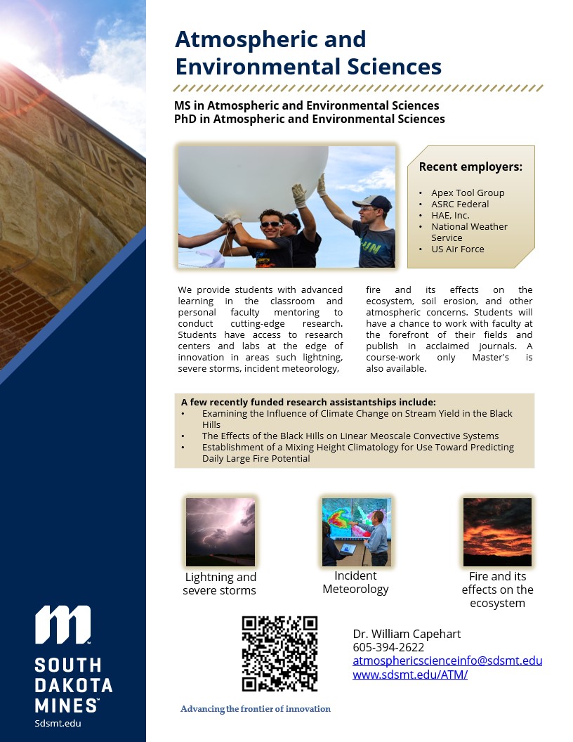 SDSMT_GradEdu's tweet photo. Program Feature Friday! Today we present our Atmospheric and Environmental Sciences program. Do you or someone you know have an interest in this program? Please contact Dr. Capehart. #southdakotamines #graduateeducation #AtmosphericSciences #environmentalsciences https://t.co/FprUN9GUjE