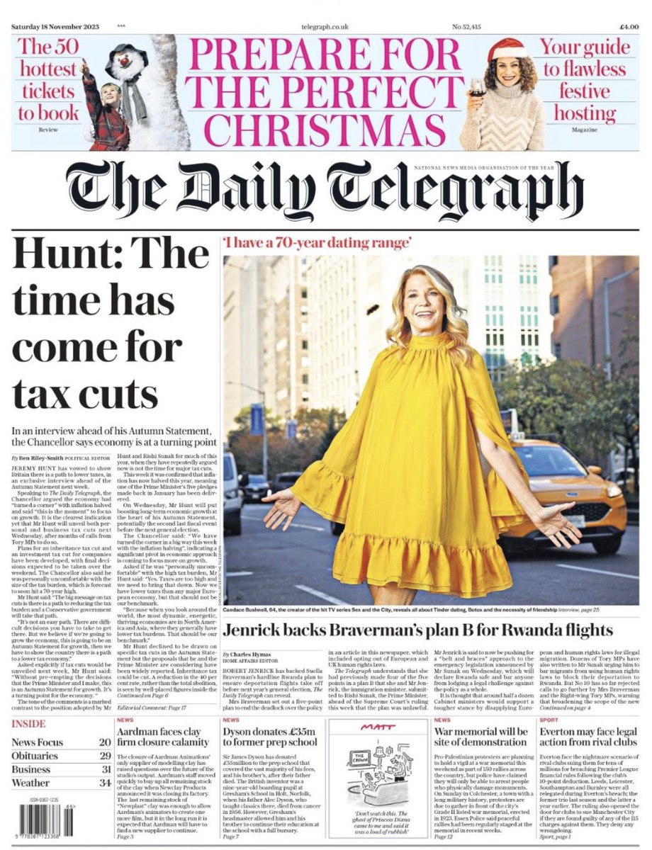HOLD THE FRONT PAGE! 💥 KWPR client @CandaceBushnell makes page 1 of Saturday's The Daily Telegraph with a stunning shot from her photoshoot in New York on Thursday... interviewed by @TheCeliaWalden, you can read all about her 2024 UK tour for @Entertainers_UK