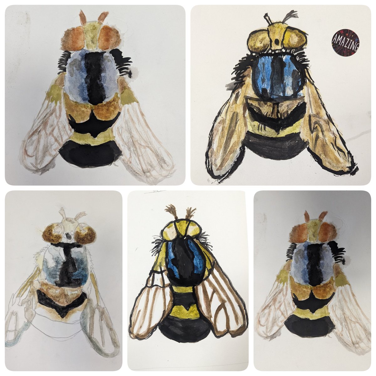 ArmthorpeArt's tweet photo. We had some busy bees in Year 7 this week perfecting their watercolour layering & texture! 🖌️The students vote for their favorites based on lesson SC and praise stickers & points are added! 🐝#KS3Art #Painting #InsectsProject https://t.co/L7ePtFvBTo