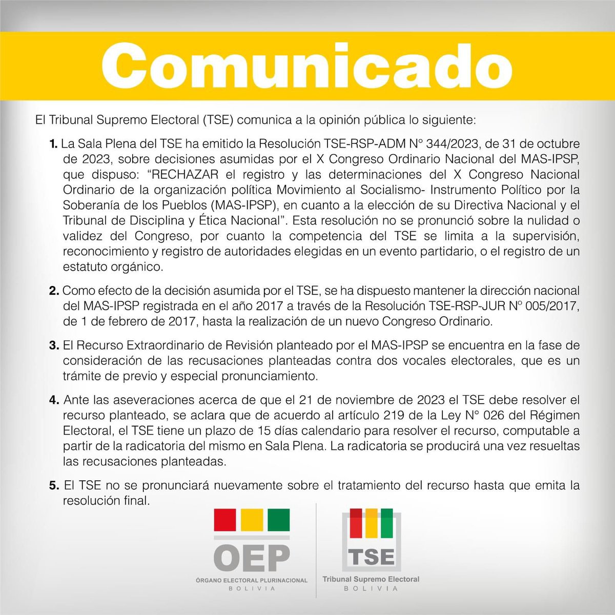 grupoeldeber's tweet photo. El Tribunal Supremo Electoral (TSE) comunica este viernes 17 de noviembre que mantiene la dirección nacional del MAS-IPSP registrada del año 2017, “hasta que se convoque a un nuevo congreso de esa organización política”.

#Bolivia #CongresoDelMas #TSE https://t.co/jGRr2hV55x