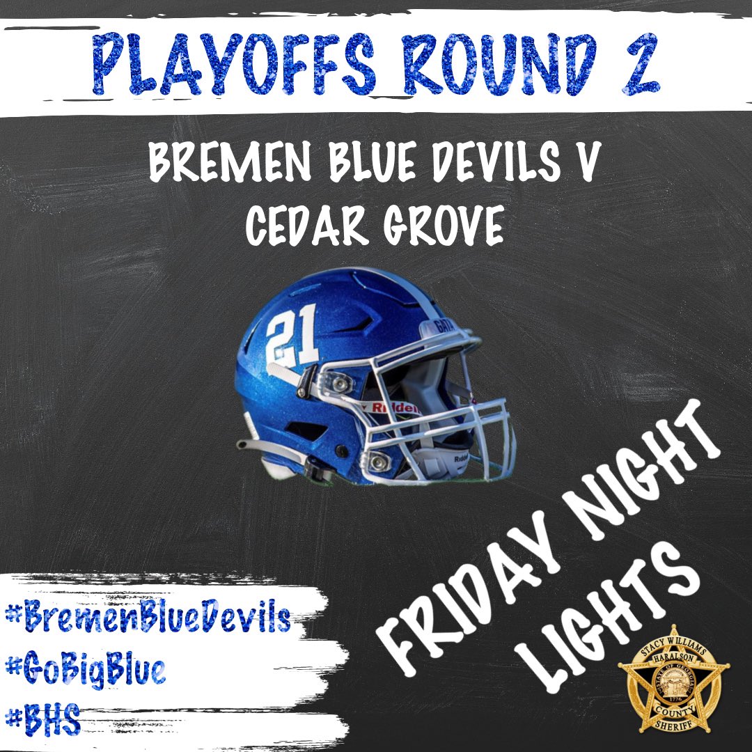 HaralsonSheriff's tweet photo. Good Friday afternoon yโall, we hope everyone has a great weekend. The @GATABHSdevils travel to take on Cedar Grove in the second round of the playoffs. Our best wishes to the football players, cheerleaders, and band members tonight.
#FridayNightLights
#PlayoffsRound2
#GoBHS https://t.co/ws2q90SEG7