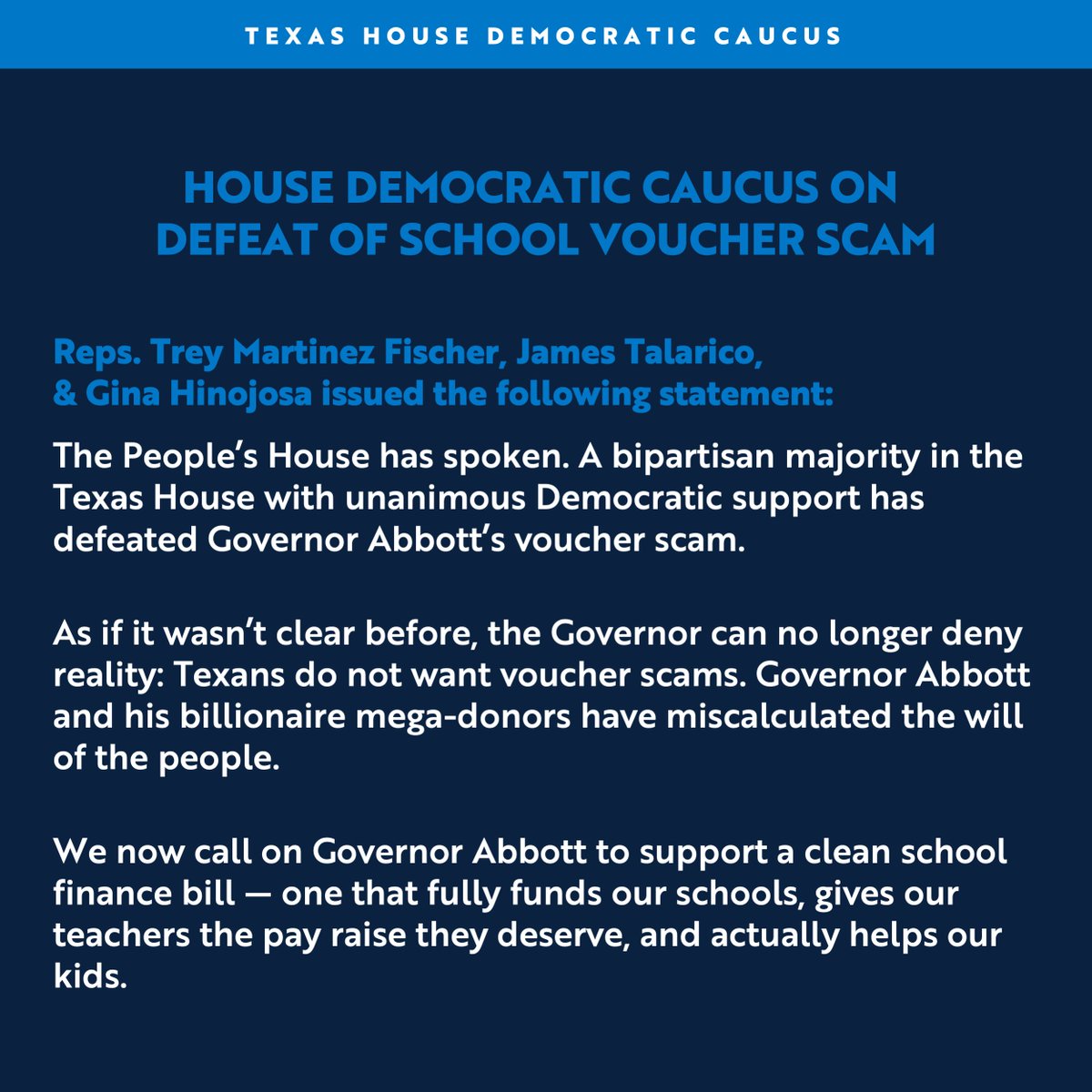 The People’s House has spoken. A bipartisan majority in the Texas House with unanimous Democratic support has defeated Governor Abbott’s voucher scam. #txlege