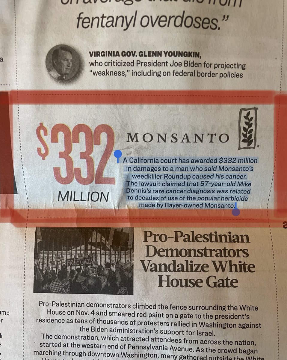 @tracybeanz $332 Mil is a lot of 💵 in compensation for damages that @Bayer4CropsUS, the biotech giant that purchased MonsantoCo., maker of glyphosate herbicide, a pesticide  resistant to Roundup-ready GMO corn & soy. Their products include many chemicals & other GM/GE, bioengineered grains.