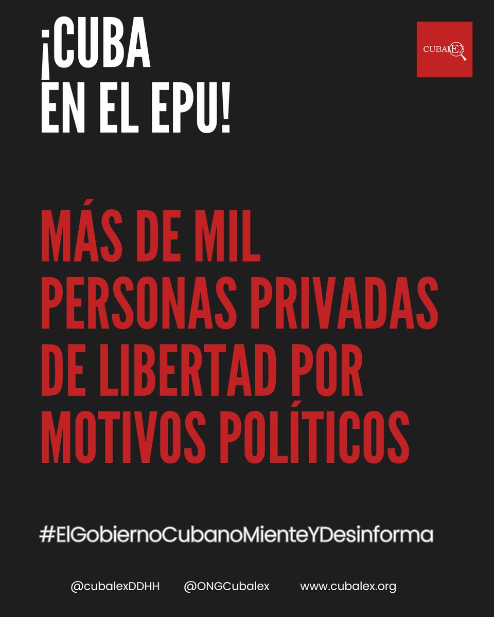 1/ En el contexto del  #UPR44 el Ministerio de Relaciones Exteriores de Cuba declaró: 'No existen presos políticos. Nadie es condenado por su opinión política'.
Desde las protestas del #11J, más de mil personas han sido encarceladas por razones políticas. 
🧵 Abrimos hilo