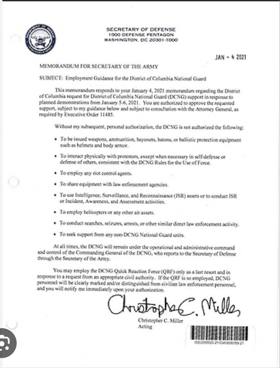 AmoneyResists's tweet photo. @Acyn He not only *didn’t* authorize the national guard, he had his acting Secretary of Defense Christopher Miller put out a memo on January 4th (two days before the insurrection) stating that ANY REQUEST FOR MILITARY/DOD/NG ASSISTANCE must BE APPROVED BY HIM. He denied 13+ requests. https://t.co/KrEKOgsGG1