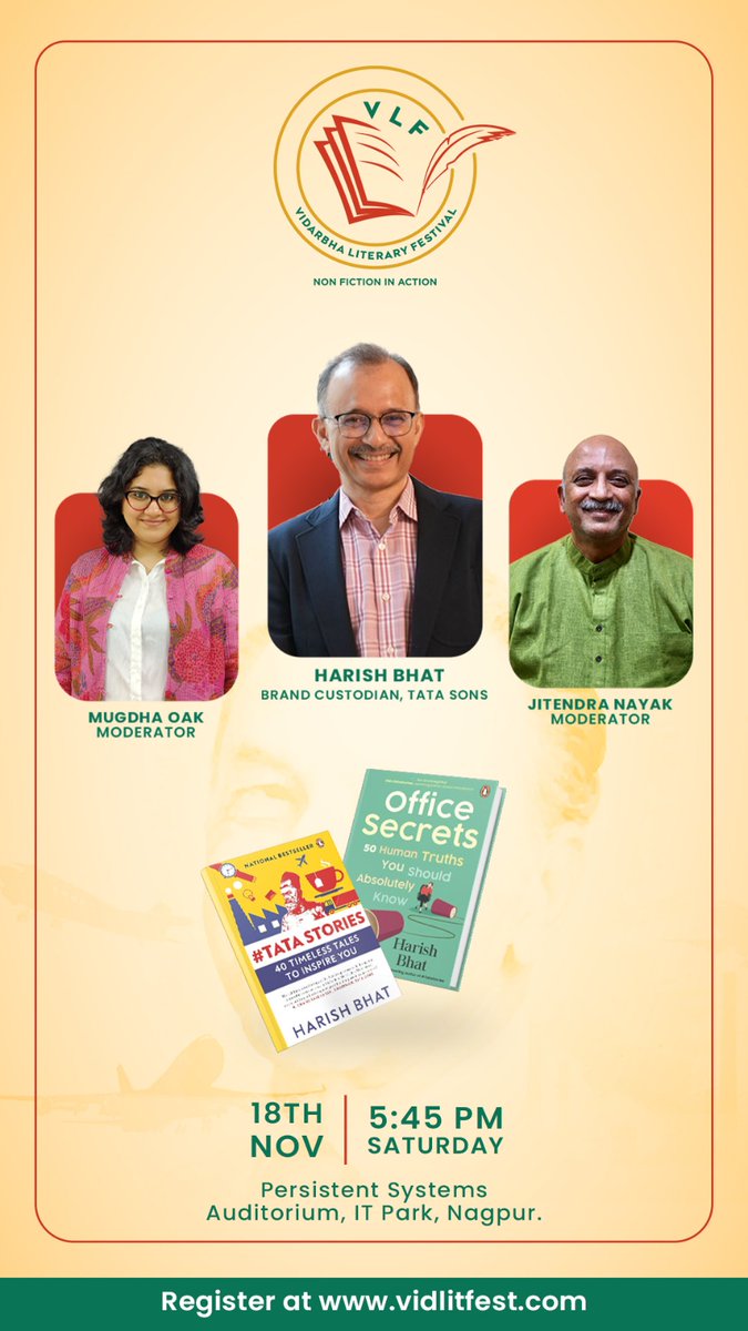 Harish Bhat - Brand Custodian of Tata Sons, will be talking about some lesser known Tata Stories... If you are in Nagpur, don't miss the opportunity to interact with him ..... 6 pm at Persistent Systems @PenguinIndia @TataChemicals