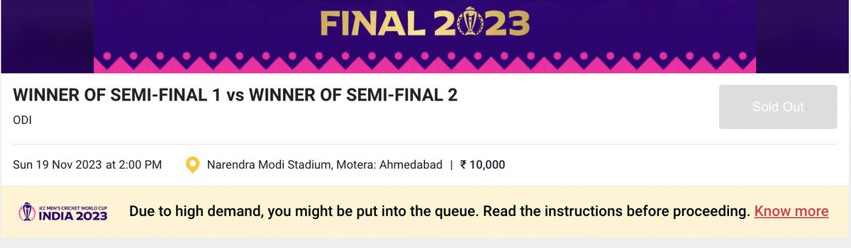 Who else feels that the #WorldcupFinal ticket system is flawed? I searched a few times, and it was never available.

Keep waiting for #worldcuptickets but finally nothing was available, while many are trying to sell in Black at 10x prices.

Worth buying a Ticket for ₹1 lakh?