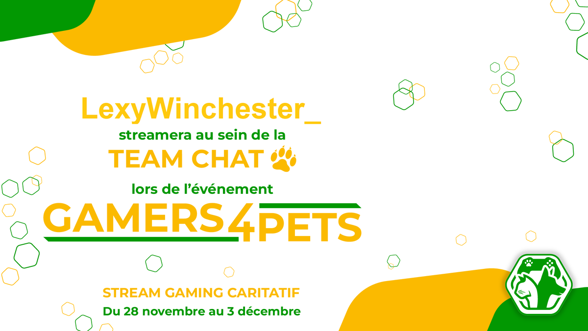 Yo all ! ⭐
Très heureuse de streamer du 28 novembre au 3 décembre pour l'event caritatif <a href="/gamers4pets/">Gamers 4 Pets</a> ! Avec moult beau monde !
Soutenez les refuges ! 
twitch.tv/lexywinchester_ 😺