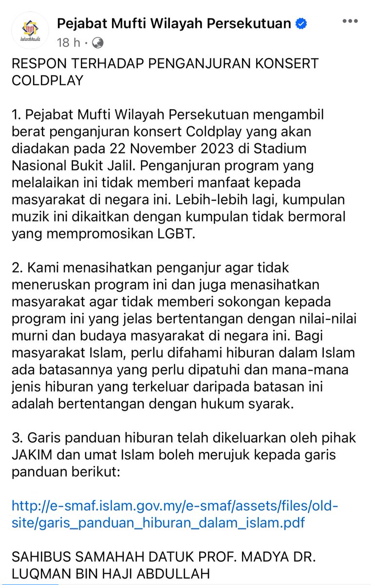 fahmirusliMFR's tweet photo. RESPON MUFTI WP TERHADAP PENGANJURAN KONSERT COLDPLAY

Kami menasihatkan penganjur agar tidak meneruskan program ini &amp; juga menasihatkan masyarakat agar tidak memberi sokongan kepada program ini yang jelas bertentangan dengan nilai-nilai murni &amp; budaya masyarakat di negara ini. https://t.co/YGQujVet0q