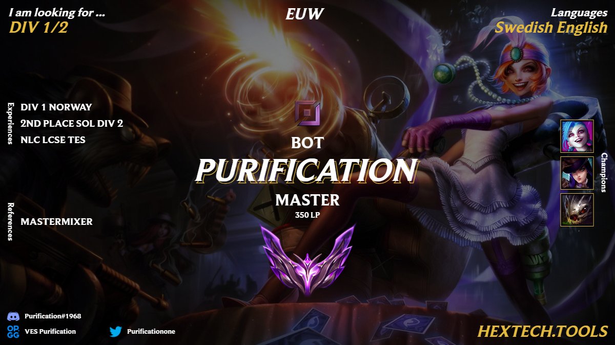 Div 1 Norway has concluded

  I am now looking for a tryout for a comp team as ADC for 2024

Had a really good split in div 1 ADC Performance wise,  Can show vods of scrims/tournaments how i perform

Very motivated to improve and win, very active.  350 LP split 1