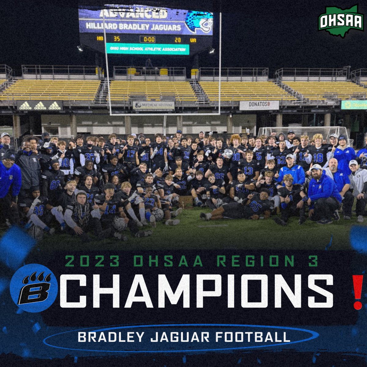 HBHSathletics's tweet photo. Final | Regional Final @OHSAASports 🏈

STATE FINAL 4 BOUND‼️

@BradleyJaguarFB 🐆
@GoldenBears_FB 🐻

@NBC4FFN @DispatchPreps @dp_dispatch @DispatchFrank @cwcolumbus @StateChampsOH @10TV @OCCunited1 https://t.co/hkYZc3twOJ
