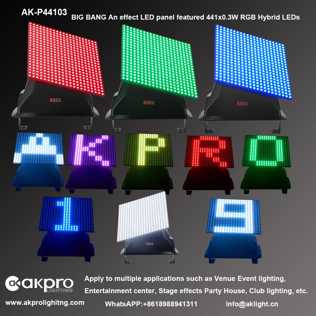 akprolights's tweet image. Functional Overview
BIG BANG! An effect LED panel featured 441x0.3W RGB Hybrid LEDs, divided into 49 control sections with 9 LEDs in each block. The uniform color mixing performance and dynamic graphic effects utilized a variety of programmed effects, leaving a minimum amount
