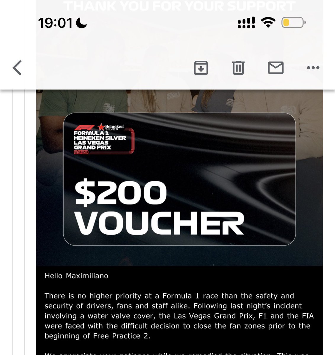 Max702Lopez's tweet photo. @F1LasVegas So I got a $200 Voucher for 4 Tickets and it is meant to be $200 per Ticket as I have spoken to others 

What the DUCK!!! @F1LasVegas @F1 #f1lasvegas #f1 

Also it’s not racing it is being unprepared with the surface of the road. It’s happened before. https://t.co/Ea0dxo1x4t