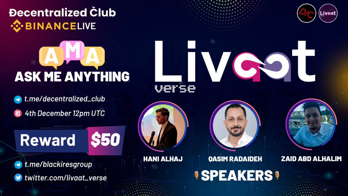 dens_club's tweet photo. DC Presenting a #BinanceLive_AMA🎉

📌 Venue : https://t.co/r97WGNgNv3
⏰ When : 4th December 12pm UTC 
🤑 Reward : $50 

10 winners will get $5 each
Twitter (5) & Live asking (5)

1⃣ Follow @livaat_verse
2⃣ Like & RT & Tag 3 Friends 
3⃣ Post your questions.

🚸 Must Join Livaatverse & DC Telegram & Twitter before the AMA otherwise you wont be chosen as WINNER.

https://t.co/COJO30FDny
https://t.co/UTG7EBNuUo
https://t.co/ME6WlEt3TP

Best of luck 🤞!

#Giveaway #Airdrops #DC #decentralized_club #NFT #NFTs #NFTgiveawas #Giveaways #Airdrop #AMAs #Crypto #web3