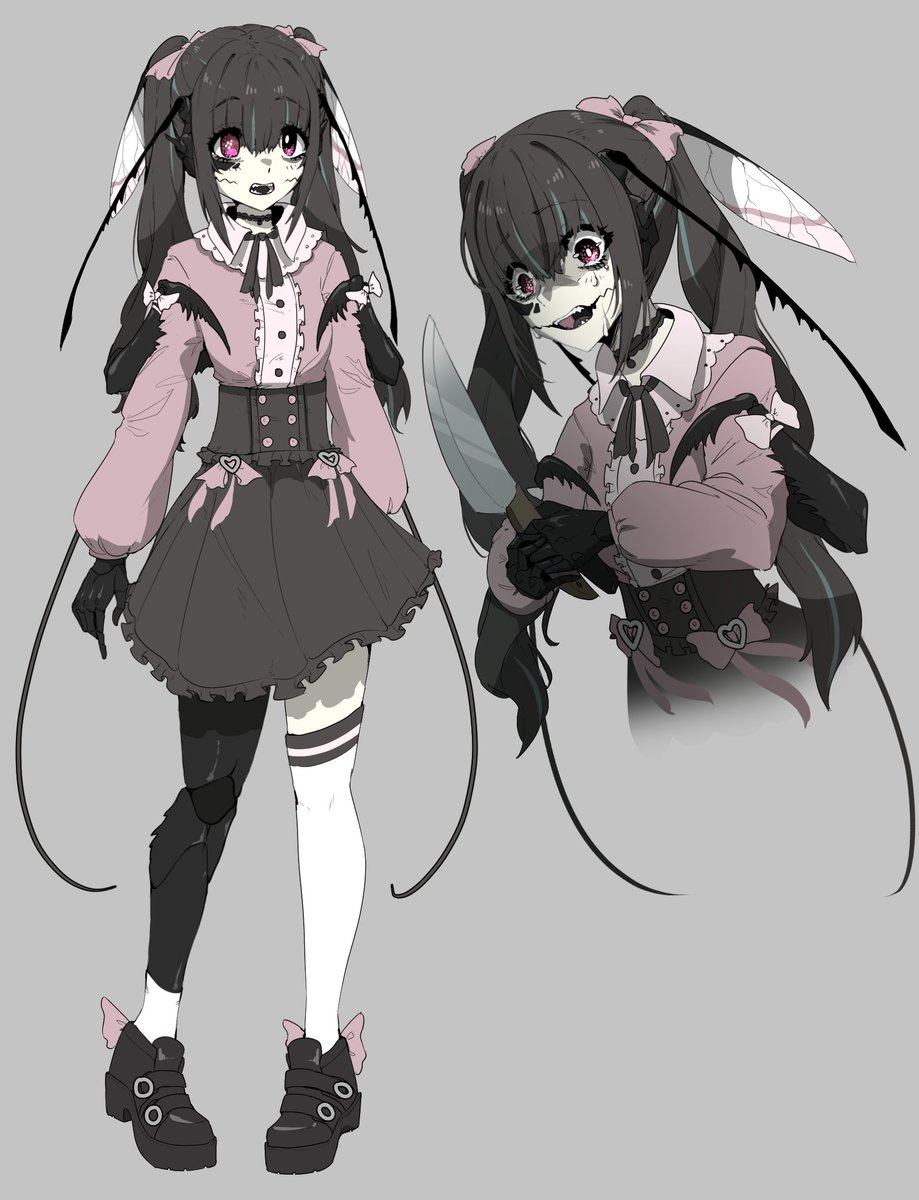 1girl knife skirt twintails black hair multiple views thighhighs  illustration images
