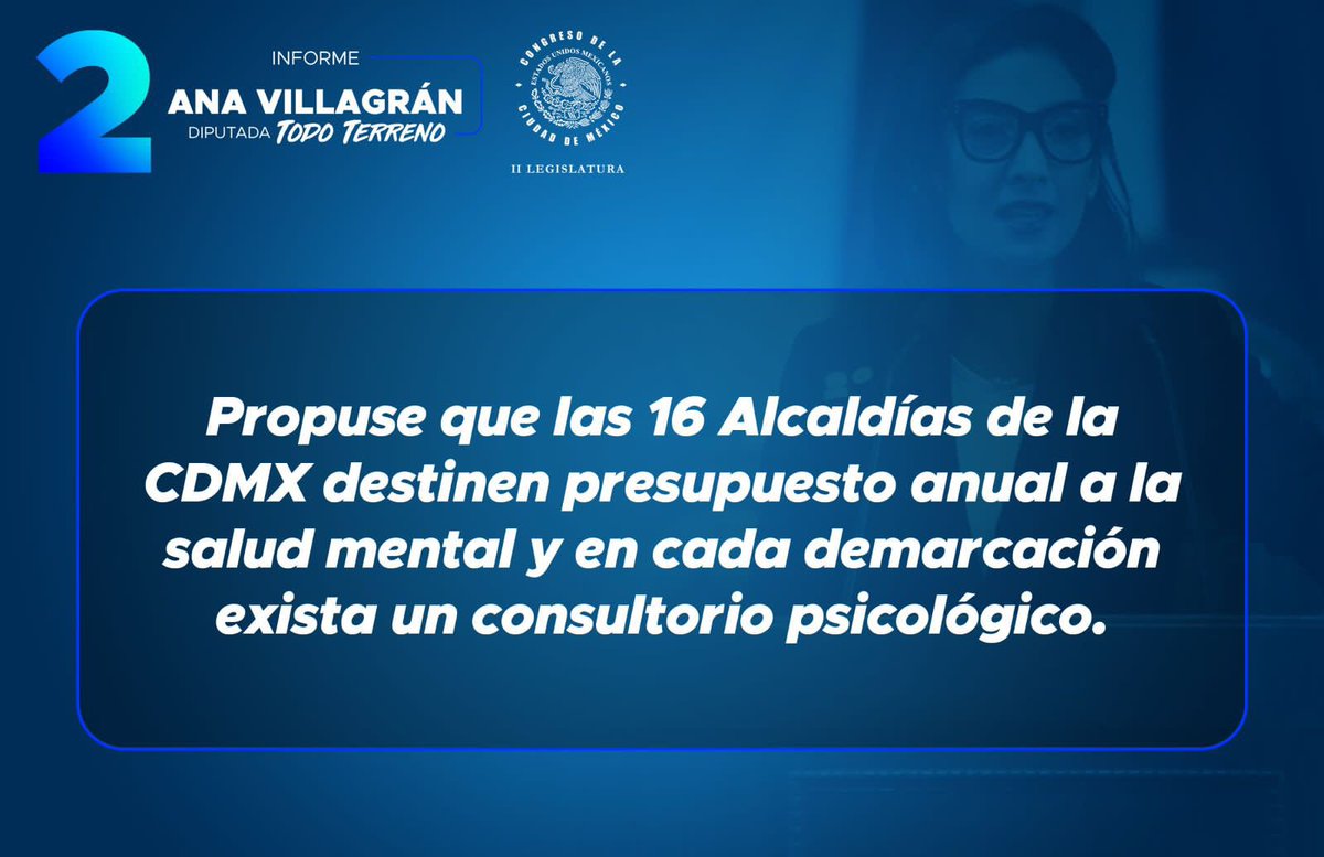 AnaJVillagran's tweet photo. OBJETIVO: Que las Alcaldías de la Ciudad de México destinen presupuesto especifico anual a la Salud Mental 🏛️🧠
#DiputadaTodoTerreno
#2informe
➡️ https://t.co/H0kDGWsuGe