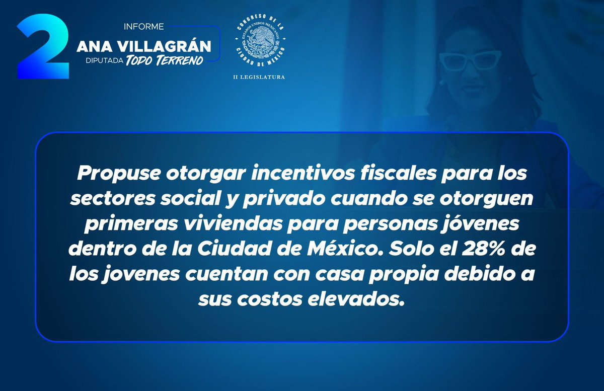 AnaJVillagran's tweet photo. OBJETIVO: Establecer incentivos fiscales para los sectores social y privado cuando se otorguen primeras viviendas para personas jóvenes dentro de la Ciudad de México. 🏠🏢
#DiputadaTodoTerreno #2informe
➡️ https://t.co/Ndc7DYWSSi https://t.co/AuIRfUHc3K
