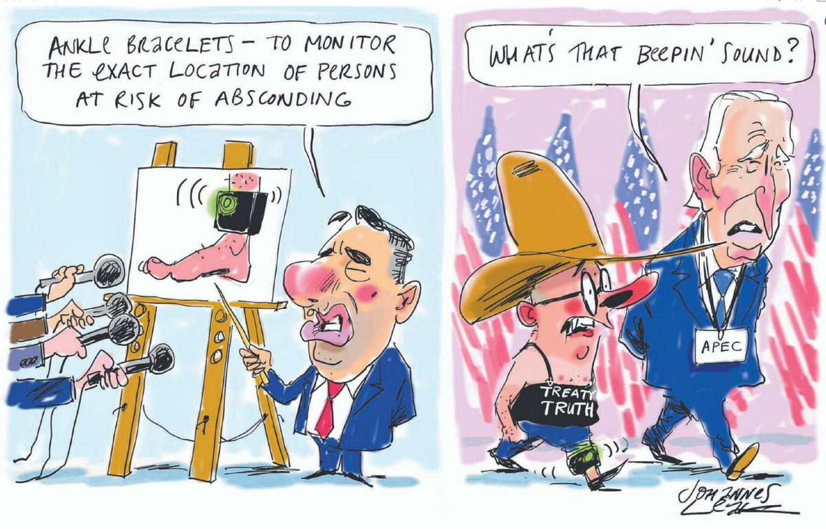 Gato188's tweet photo. Jetsetting #MissingInAction #Airbus #Albo gets an ankle bracelet to go with his other cartoon accessories of a big hat (no cattle) and cutdown “Voice” tee-shirt.
#JohannesLeak editorial cartoon, #WeekendAustralian, 18–19 November 2023.
#MoronsInCharge #LaborsMess #AsylumSneakers https://t.co/LtCcGuvnaR