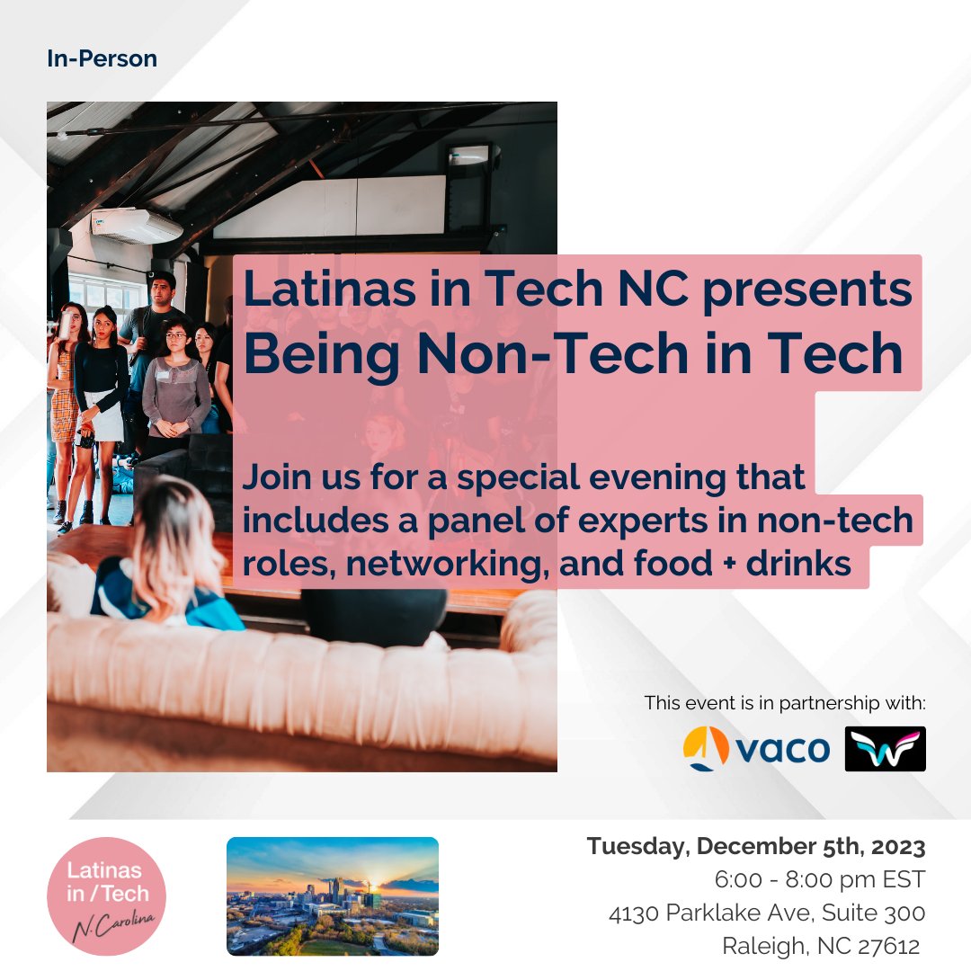 latinasintechnc's tweet photo. Embark on a transformative journey with us at "Being Non-Tech in Tech", a unique event crafted specifically for Latina professionals keen to explore vibrant non-technical career paths in the tech sector.  #latinasintech #northcarolina

Register today! ✍️ https://t.co/62Jy8CbNR5 https://t.co/vdOn2J7XYU