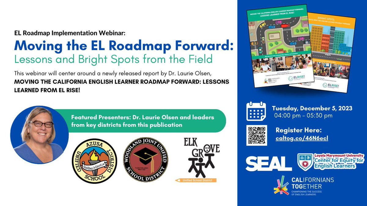 Webinar: Dec. 5 at 4 p.m.

Join Dr. Laurie Olsen as she shares best practices from her report about the success of the EL Roadmap.

Plus hear first-hand how school districts implemented these strategies, so your sites can use them as well! 

Register: bit.ly/3MzmfLa