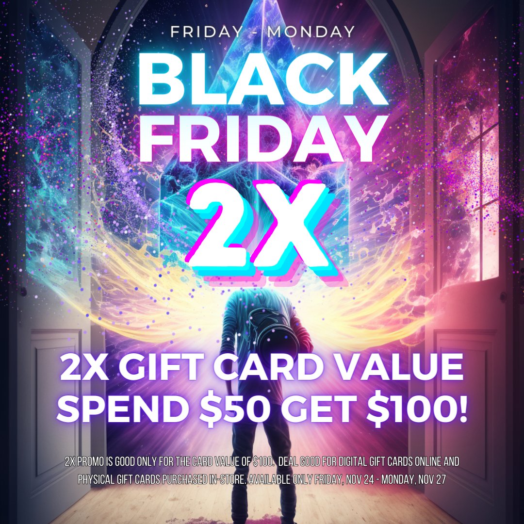 EdgeVRArcade's tweet photo. 📷 Deal Alert! 📷 This Black Friday through Cyber Monday get a $100 Edge Gift Card for only $50! It's the perfect gift for the gamer in your life. Conveniently buy our eGift Cards online or visit us in-store during our business hours. Order here: https://t.co/shZE083SQ6 https://t.co/oroCSXpdgt
