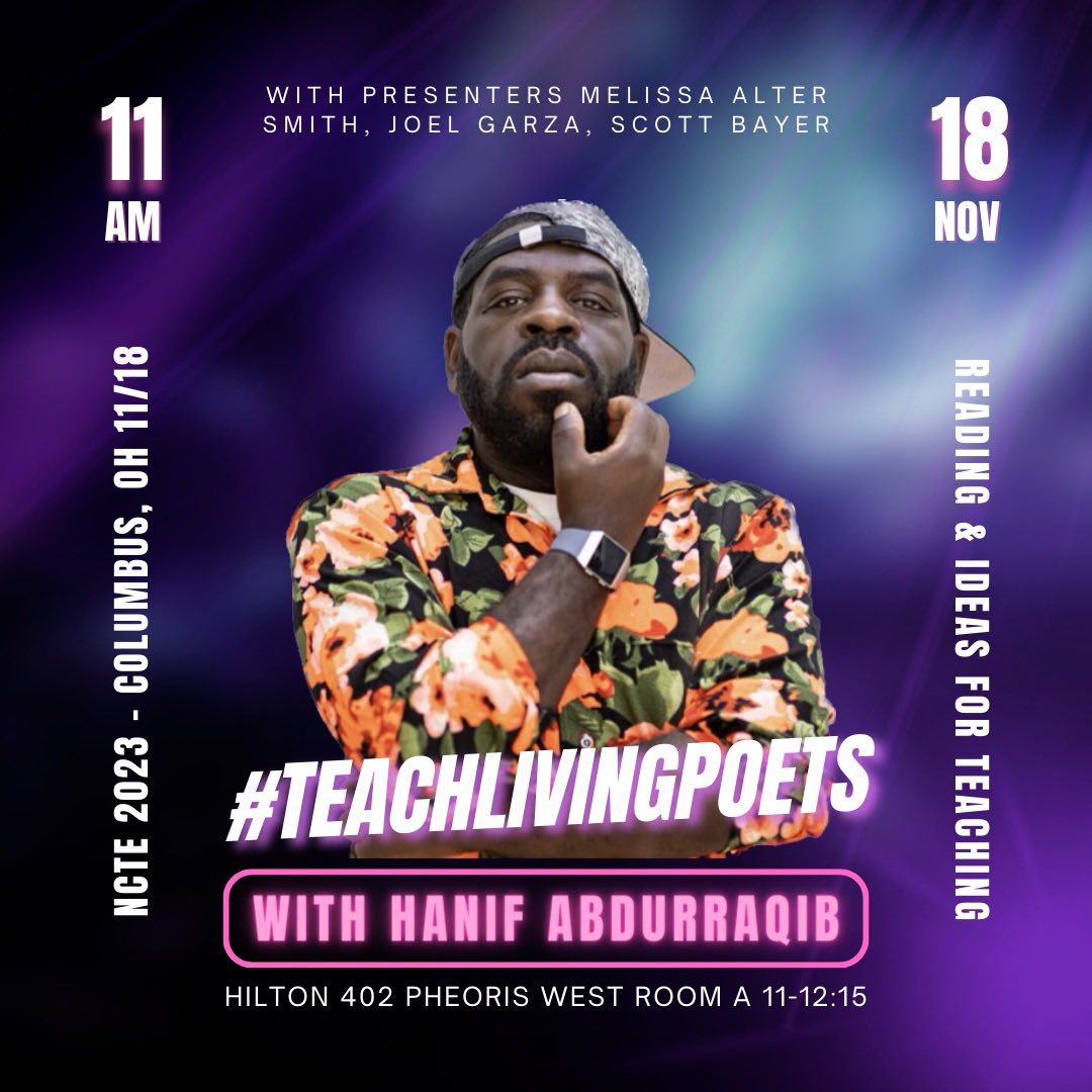 Join me, <a href="/MelAlterSmith/">Melissa Smith #TeachLivingPoets</a>, <a href="/JoelRGarza/">Joel /hō•ÉL/ Garza is cofounder of #THEBOOKCHAT 📓</a>, and THE <a href="/NifMuhammad/">Hanif Abdurraqib</a> tomorrow morning at 11:00! Hilton 402 Pheoris West Room A. See you there! #TeachLivingPoets #NCTE23