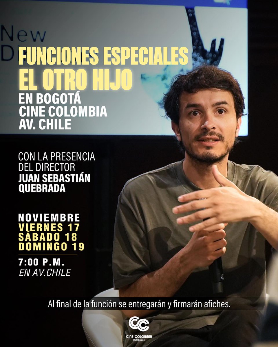 evidenciafilms's tweet photo. 📷¡FIRMES PARA LAS FUNCIONES ESPECIALES de #ElOtroHijo!📷
Ustedes saben que nos encanta conversar luego de las películas y este fin de semana no será la excepción. Invitados a nuestras funciones especiales durante este fin de semana en #Bogotá y #Cali, que contarán con la presencia del director y de la actriz protagónica.

¡Allá nos vemos!
📷Compra tus boletas en el link https://t.co/FhFpvS2kvA