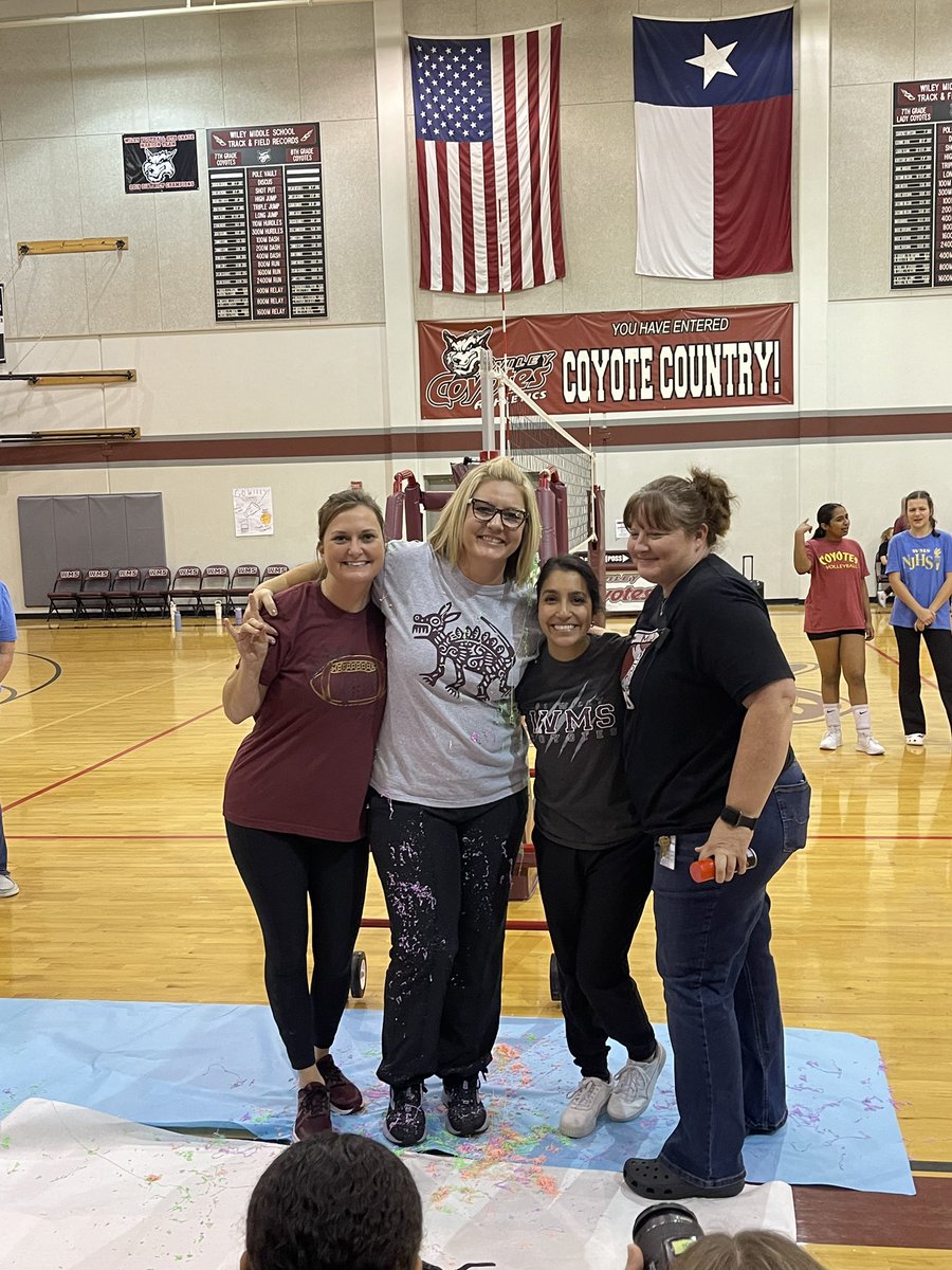 ulatoskiJPE's tweet photo. 8th grade won our canned food drive with 287 cans, so they taped me to the wall as their prize! Proud of them for winning by almost 100 cans!! Then we silly stringed Ms. Smith since we met our school goal! #1Wiley https://t.co/FFmlMIOBEy