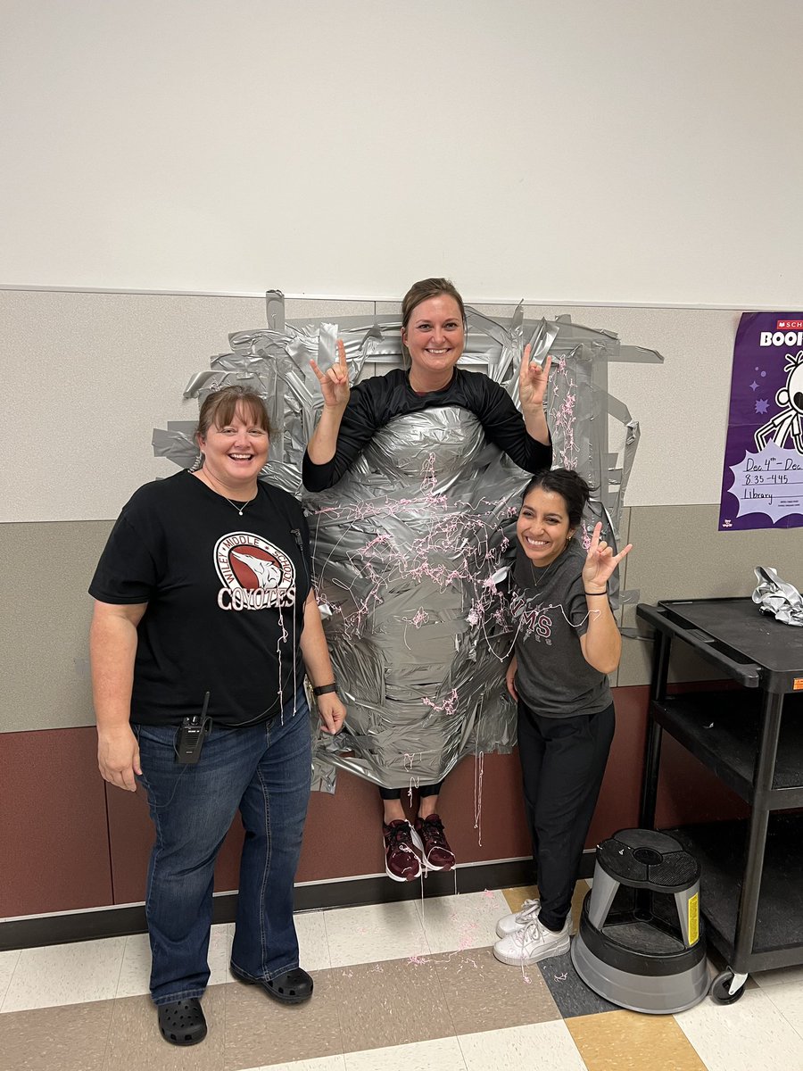 ulatoskiJPE's tweet photo. 8th grade won our canned food drive with 287 cans, so they taped me to the wall as their prize! Proud of them for winning by almost 100 cans!! Then we silly stringed Ms. Smith since we met our school goal! #1Wiley https://t.co/FFmlMIOBEy