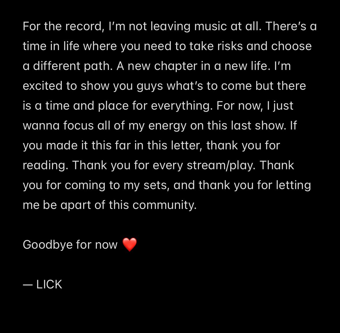 iamlickx's tweet photo. I love you guys 🥲. Goodbye for now ❤️ https://t.co/2DaJANK1be