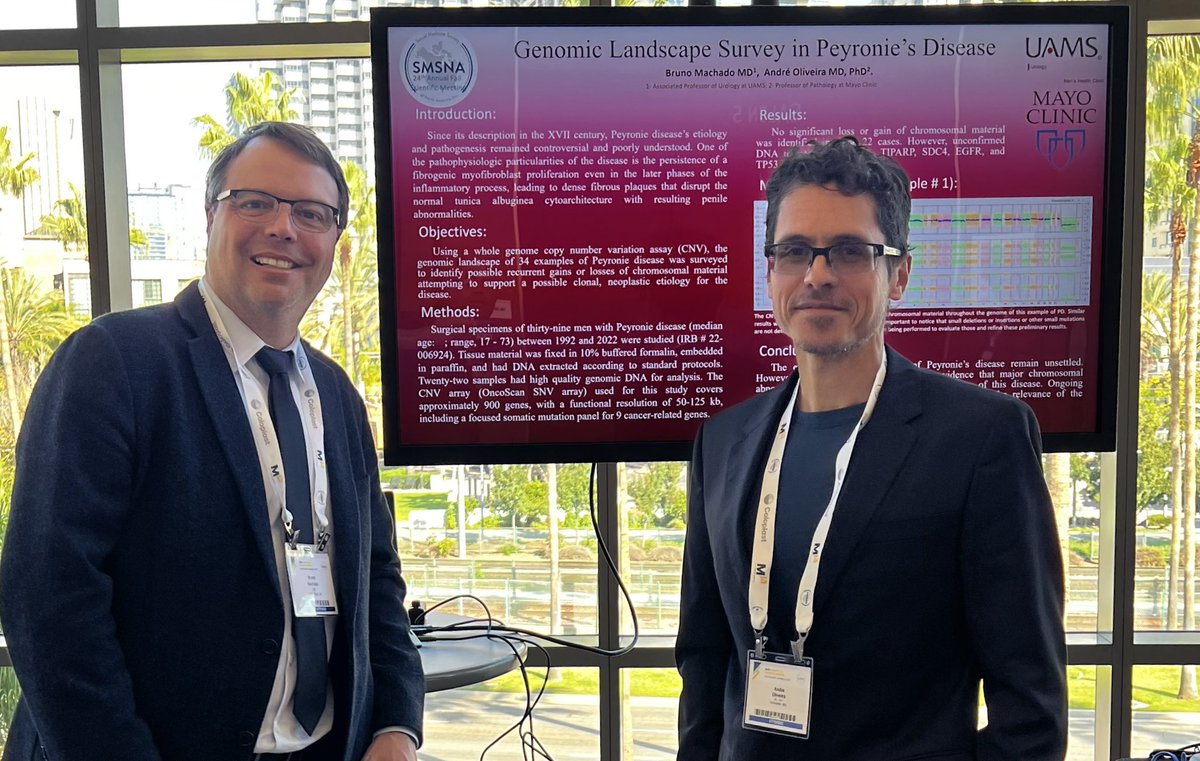 Dr. Oliveira and I presenting our study  results: Genetic Landscape Survey in Peyronie’s  Disease at the SMSNA Fall 2023 meeting in San Diego.  
A partnership between UAMS Urology  and Mayo Clinic Pathology.