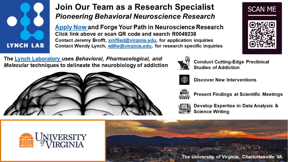 We are hiring a research specialist to conduct studies on the neurobiology of addiction using rat models and using neuromodulation as a novel potential treatment. Apply now at uva.wd1.myworkdayjobs.com/UVAJobs/job/Ch… (or see link/QR code below)
