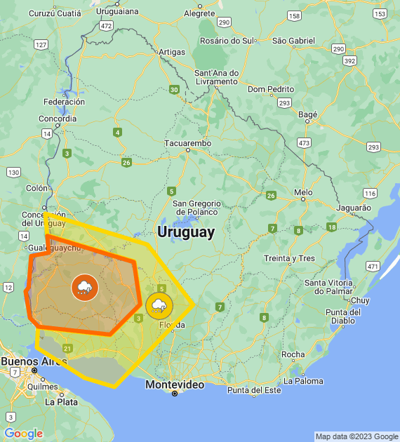 Alerta naranja y amarilla por Tormentas fuertes y lluvias intensas
Se actualizará a las 23:00 o ante cambios significativos

Más info: inumet.gub.uy