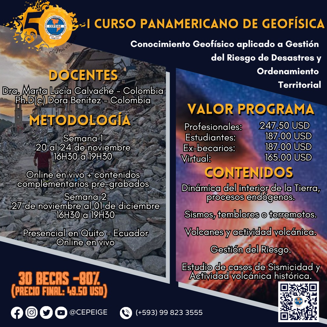 El IPGH otorgará 30 becas (80%) para participantes de países panamericanos, interesados en el I Curso Panamericano de Geofísica que se realizará del 20-24 de noviembre. Regístrese hasta Nov19 a las 23h59, hora Ec (GMT-5). cepeige-26648088.hubspotpagebuilder.eu/becas_cp_2023