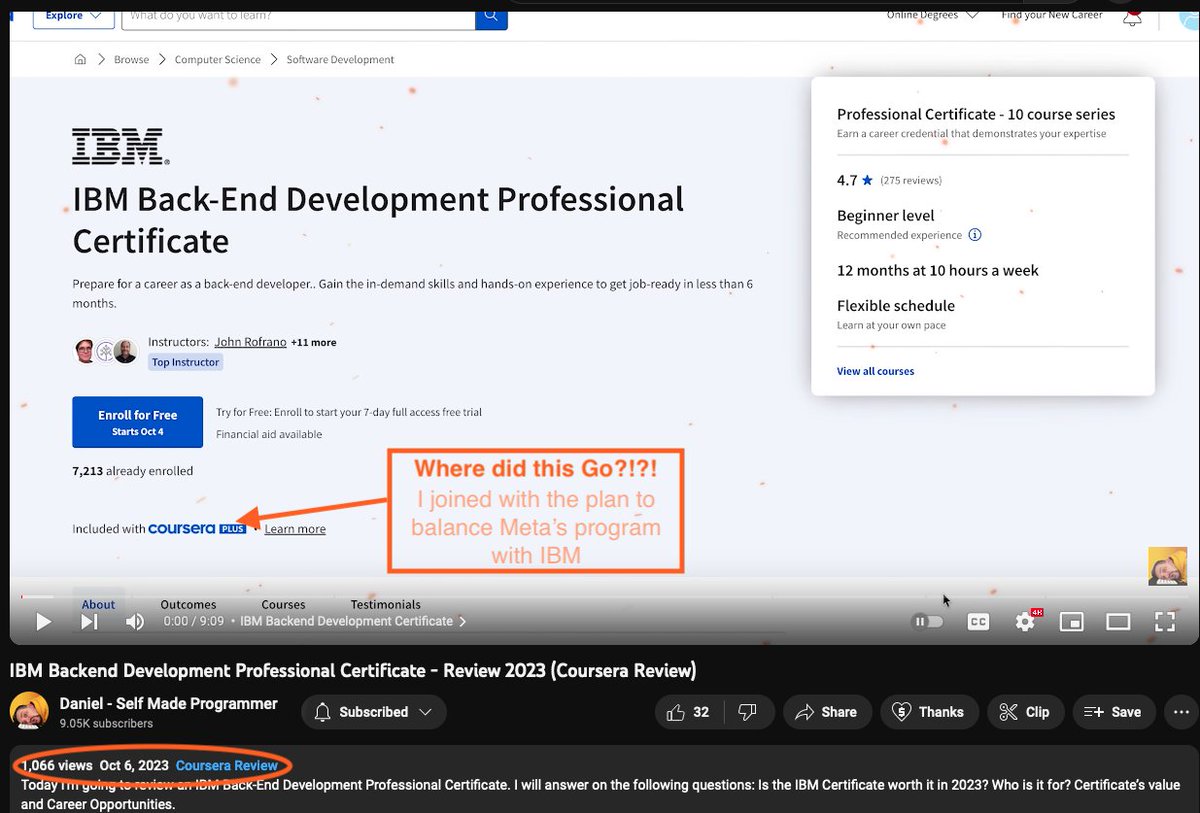 mojoelogic's tweet image. When you're so close to finishing the one of two @coursera Back-end Developer pro certificates only to notice they removed the IBM cert from Coursera Plus in the last three months... 😭