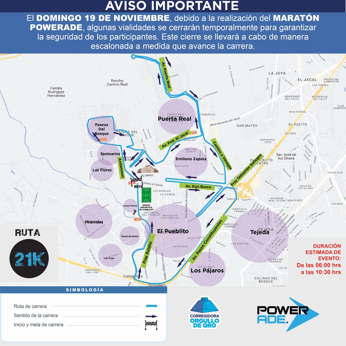 MpioCorregidora's tweet photo. #AvisoImportante: Les informamos que con motivo del #MaratónPowerade este 19 de noviembre de las 6:00 a las 10:30 hrs habrá cierres viales temporales en algunas calles de #Corregidora. Les recomendamos tomar sus precauciones. https://t.co/jXeCywPJQ1