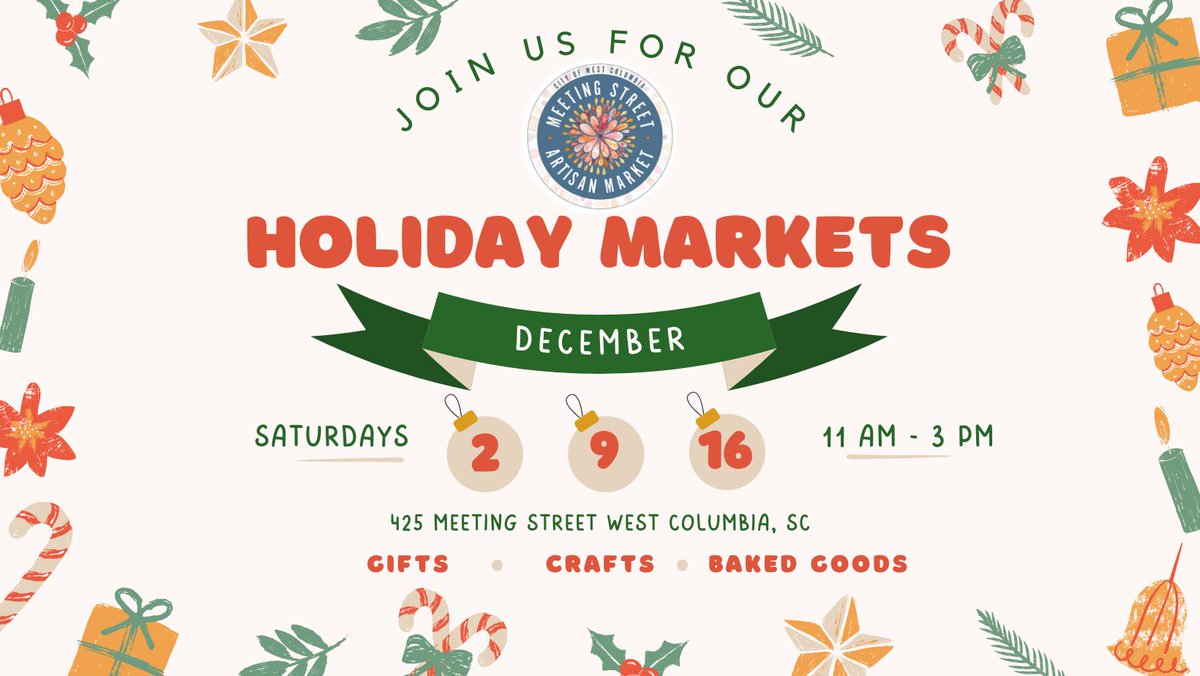 WestColumbiaSC's tweet photo. Join us for a festive celebration of creativity at the Meeting Street Artisan Markets! Discover unique, handmade treasures crafted by talented local artisans just in time for the holiday season.
#ArtisanMarket #HolidayShopping #LocalCreativity #WeCoSC #HeadWest https://t.co/oJB8IOvjJ1