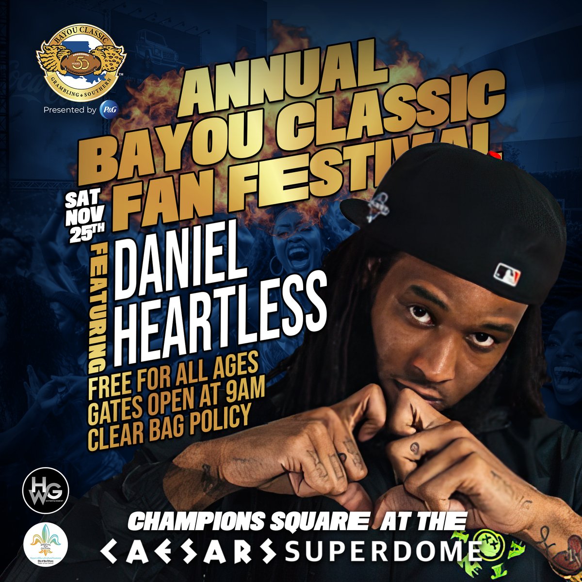 BayouClassic74's tweet photo. Get ready to vibe with the incredible Daniel 💔Heartless at the Fan Fest! 🎶 This New Orleans native pours his heart and soul into his music, and you won't want to miss it. #ExperienceThePower #BayouClassic50 #1HBCUClassic https://t.co/1X4lysJLVV