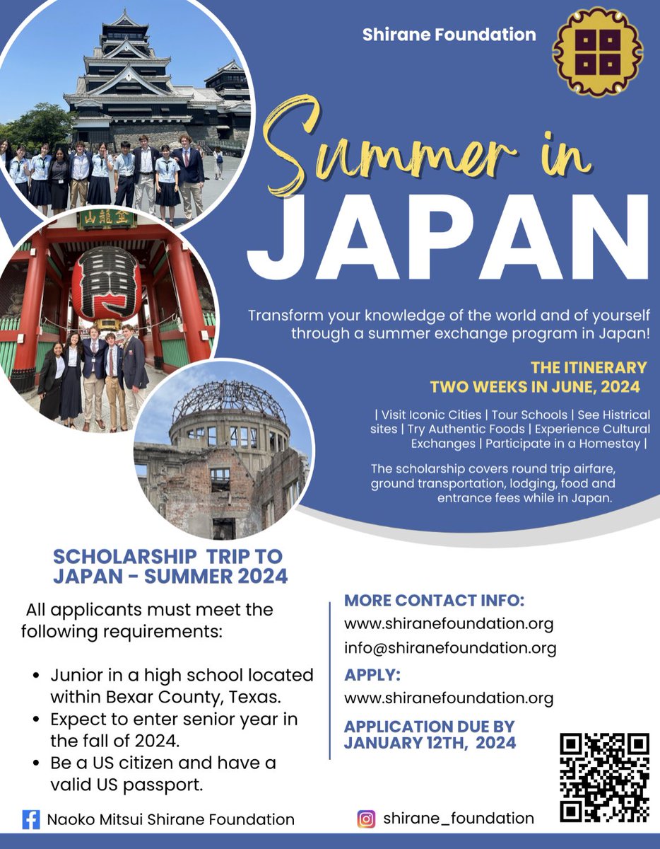 Attention Class of 2025: Opportunity to participate in a summer exchange program in Japan 🇯🇵 Contact your counselor or Dream Center for application assistance after Thanksgiving break!