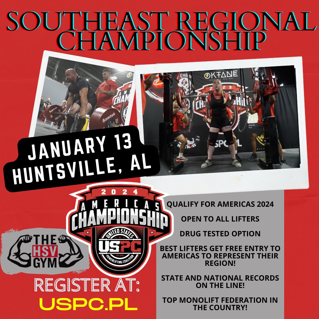 USPC2020's tweet photo. This is the Regional Championship for the Southeast Region! 

No qualifier is required to compete, and best lifters will be awarded a free entry to IPC Americas' Championship in October 2024 in Indianapolis, IN. 

The USPC Southeast Regional Championship will be held on Saturday, https://t.co/1fGMIduwB8